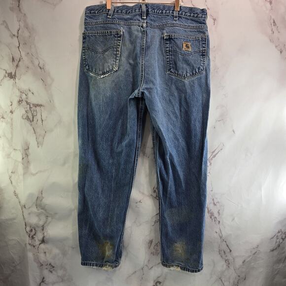Carhartt Jeans Mens 38 X 30 Denim Relaxed Fit Medium Wash Straight Destroyed - Picture 5 of 11